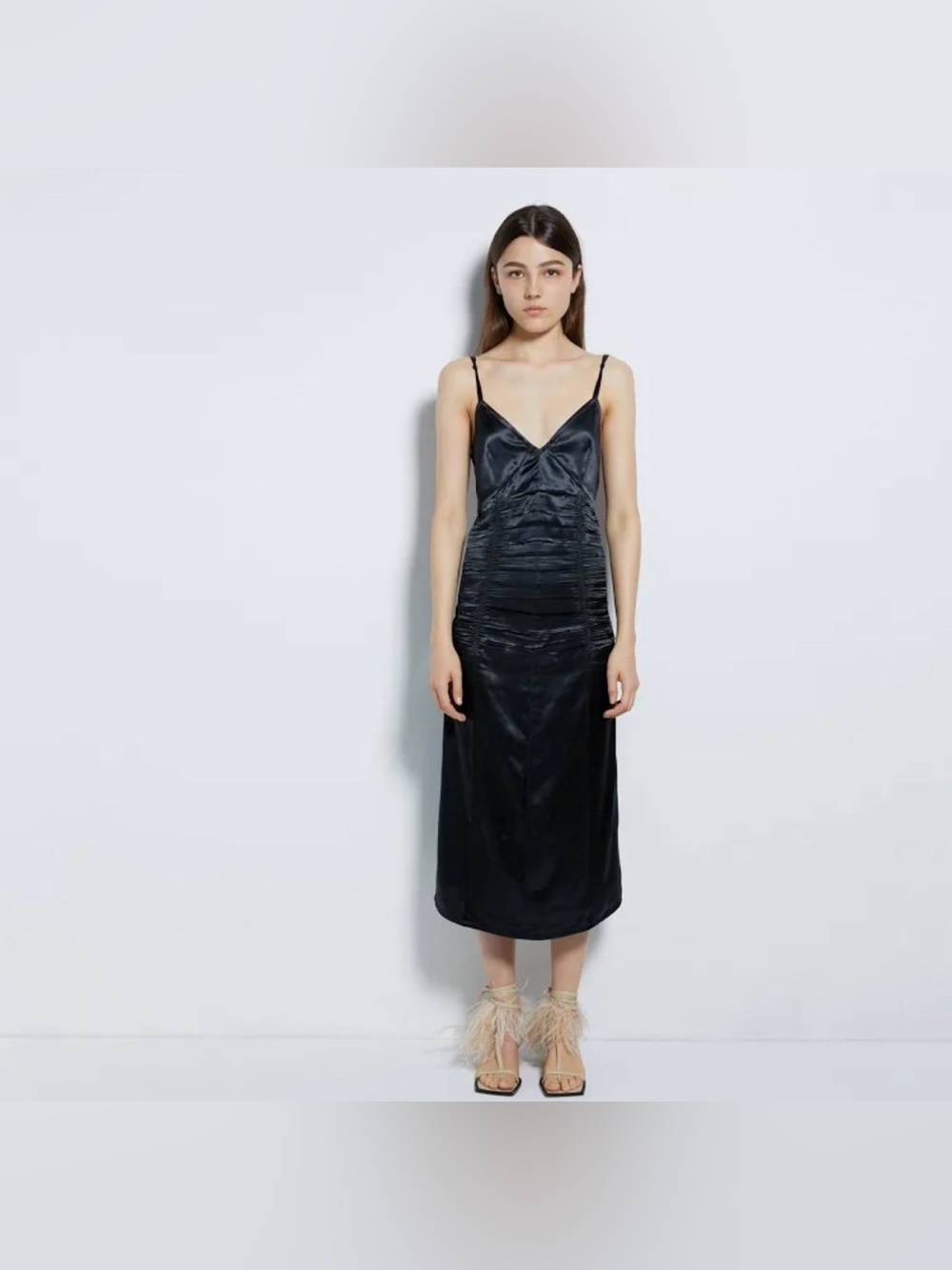Helmut Lang Ruched Satin Cami Midi Slip Dress Black NWT
